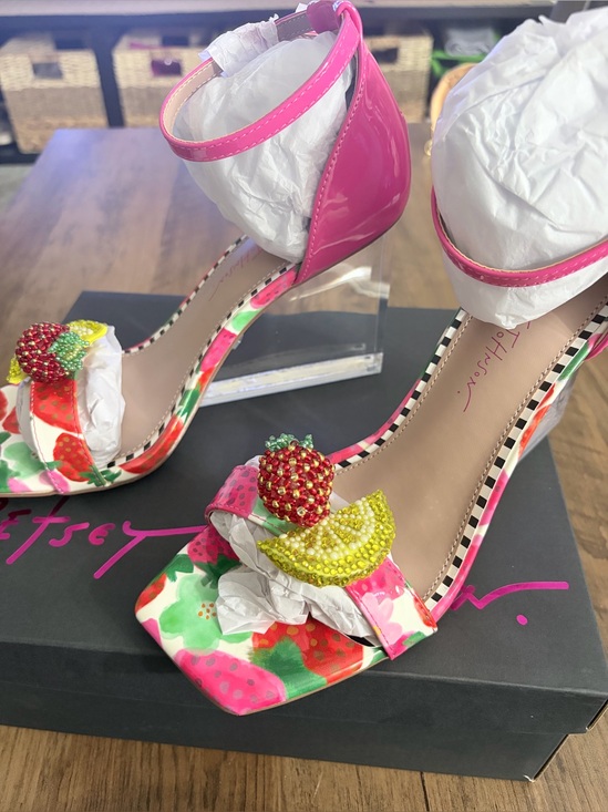 Betsey Johnson Shoes - Betsey Johnson Pink Floral Beaded Fruit Ankle-Strap Heels